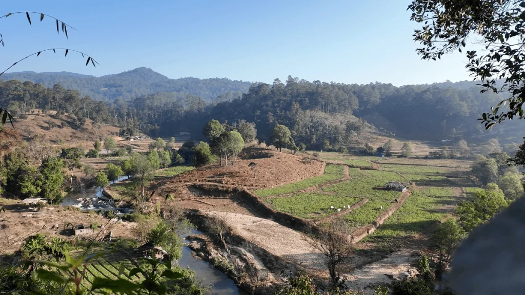 scenic landscape of mountains, river, and fields in Chiang Mai, Thailand